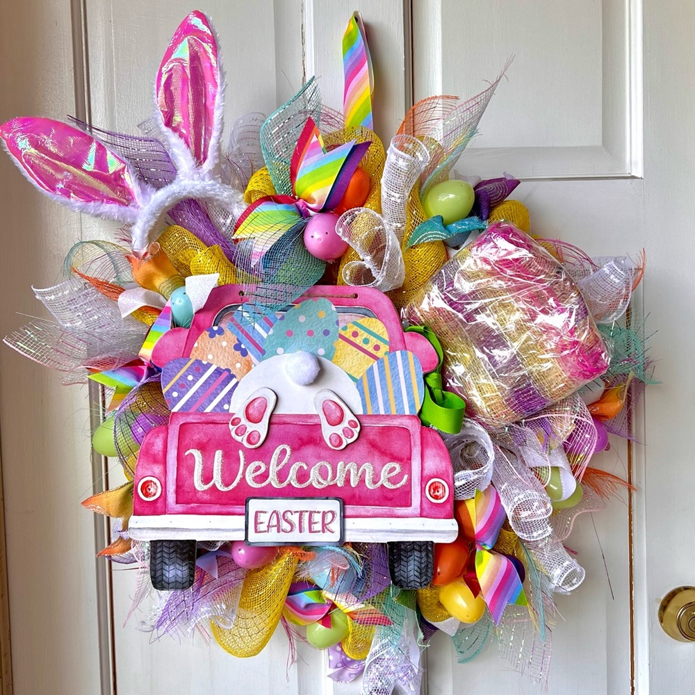 Handmade Easter Wreath, Colorful Spring Wreath, Spring Decor Door Hanger, New